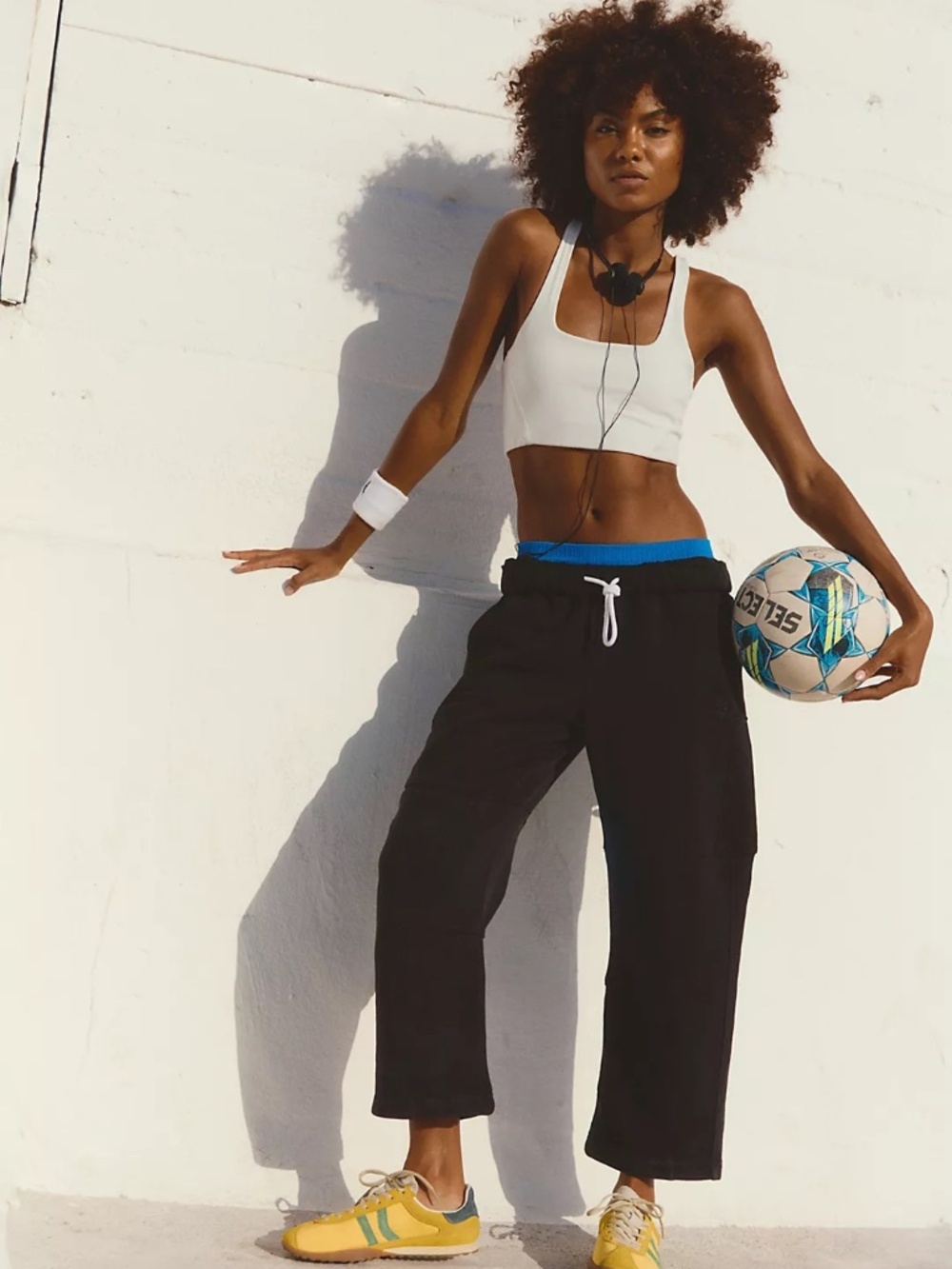 Free People Black Cropped Wide-Leg Sweatpants with Blue Waistband